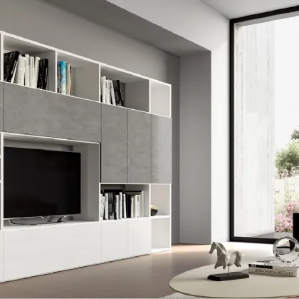 Libreria in materico cemento e Matwood  White Pratico Composizione PTG314 di SantaLucia